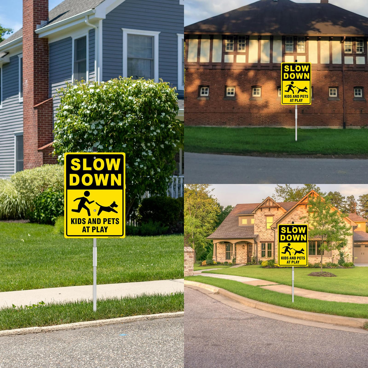 Bright yellow sign stands out in residential streets.