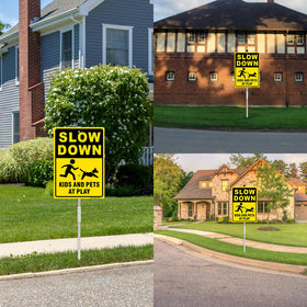 Bright yellow sign stands out in residential streets.