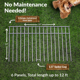 Dig Defence barrier fence close-up showing 24-inch length and sturdy tines for reliable yard protection.
