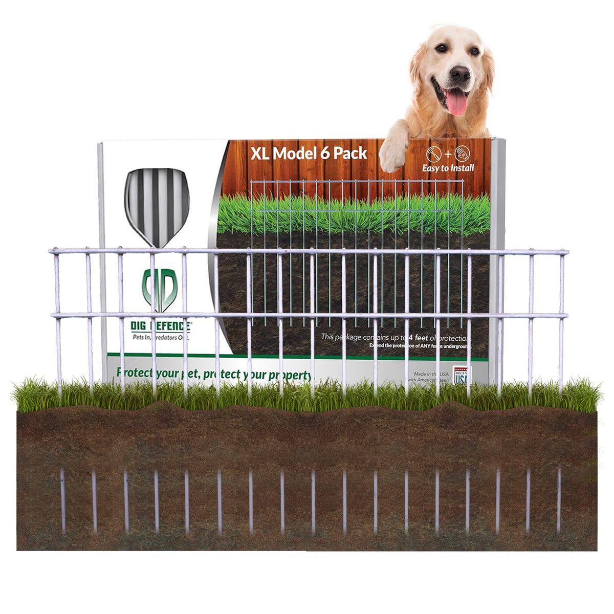 Dig Defence Original barrier fence six-pack set up in a yard for pet containment and decorative appeal.