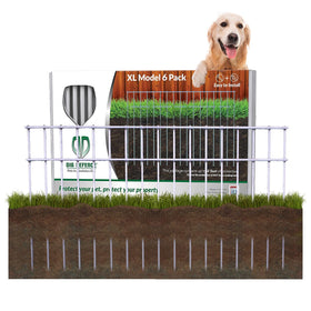 Dig Defence Original barrier fence six-pack set up in a yard for pet containment and decorative appeal.