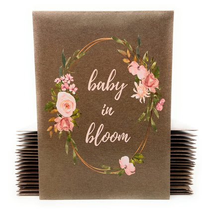 Digital Voyager baby in bloom seed packet with pink floral design for eco-friendly favors.