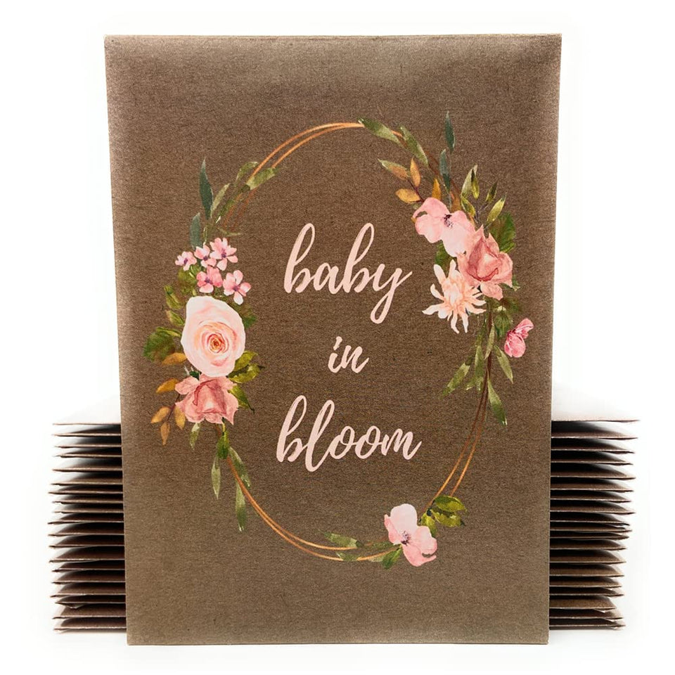 Digital Voyager baby in bloom seed packet with pink floral design for eco-friendly favors.