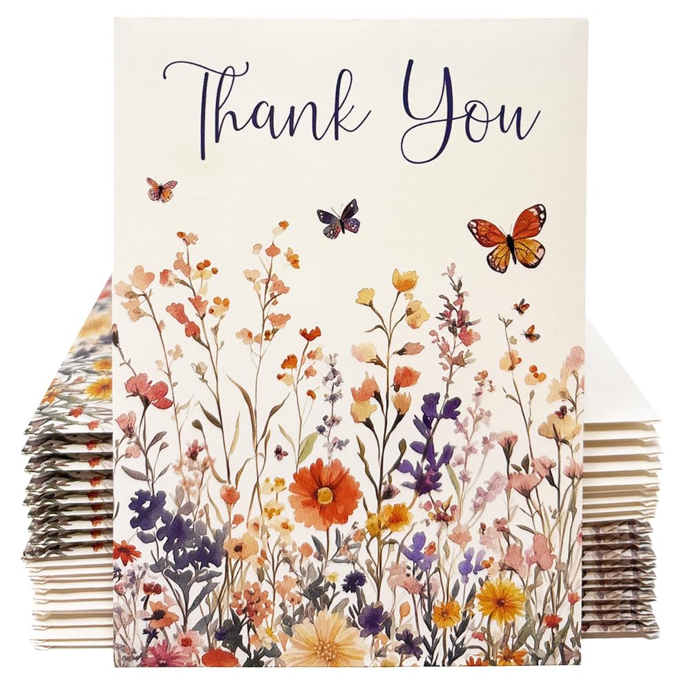Digital Voyager Thank You seed packets front view, eco-friendly wedding favor with butterflies and wildflowers