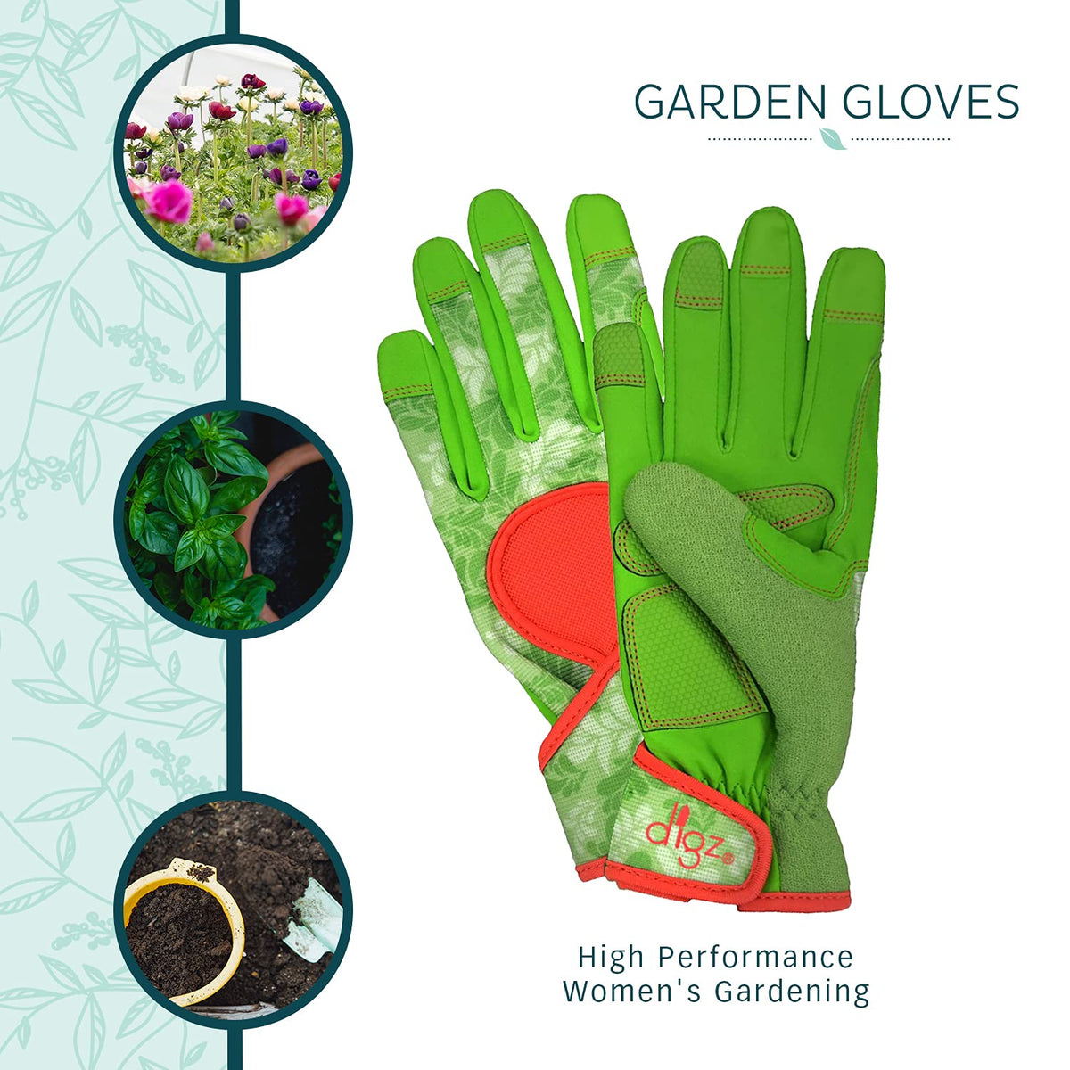 DIGZ green leaves motif gloves ideal for coastal and home garden sessions.