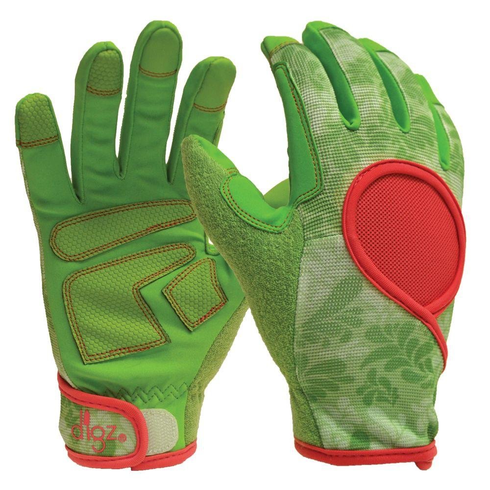 DIGZ touchscreen-compatible gloves enable device use while gardening.