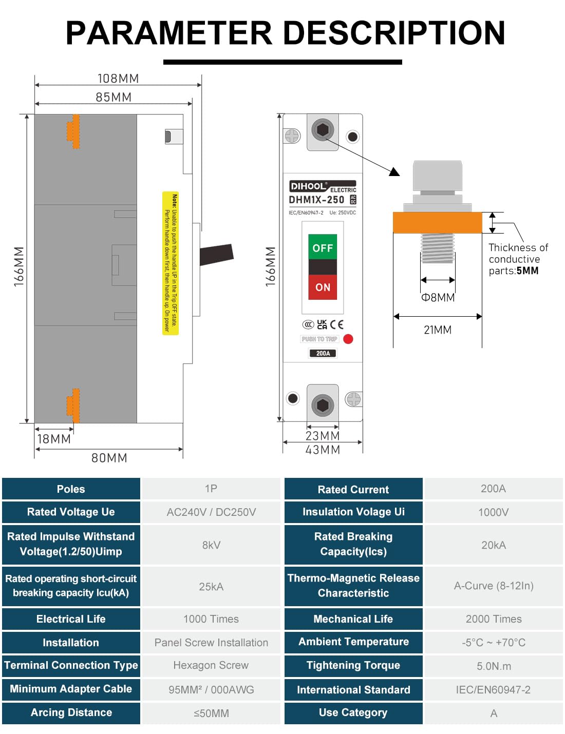 DIHOOL 200A DC Breaker side profile for panel mounting readiness