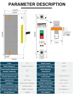 DIHOOL 200A DC Breaker side profile for panel mounting readiness