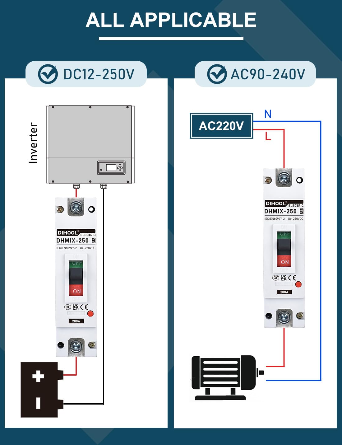 DIHOOL 200A DC Breaker contact detail shows silver content for reliability