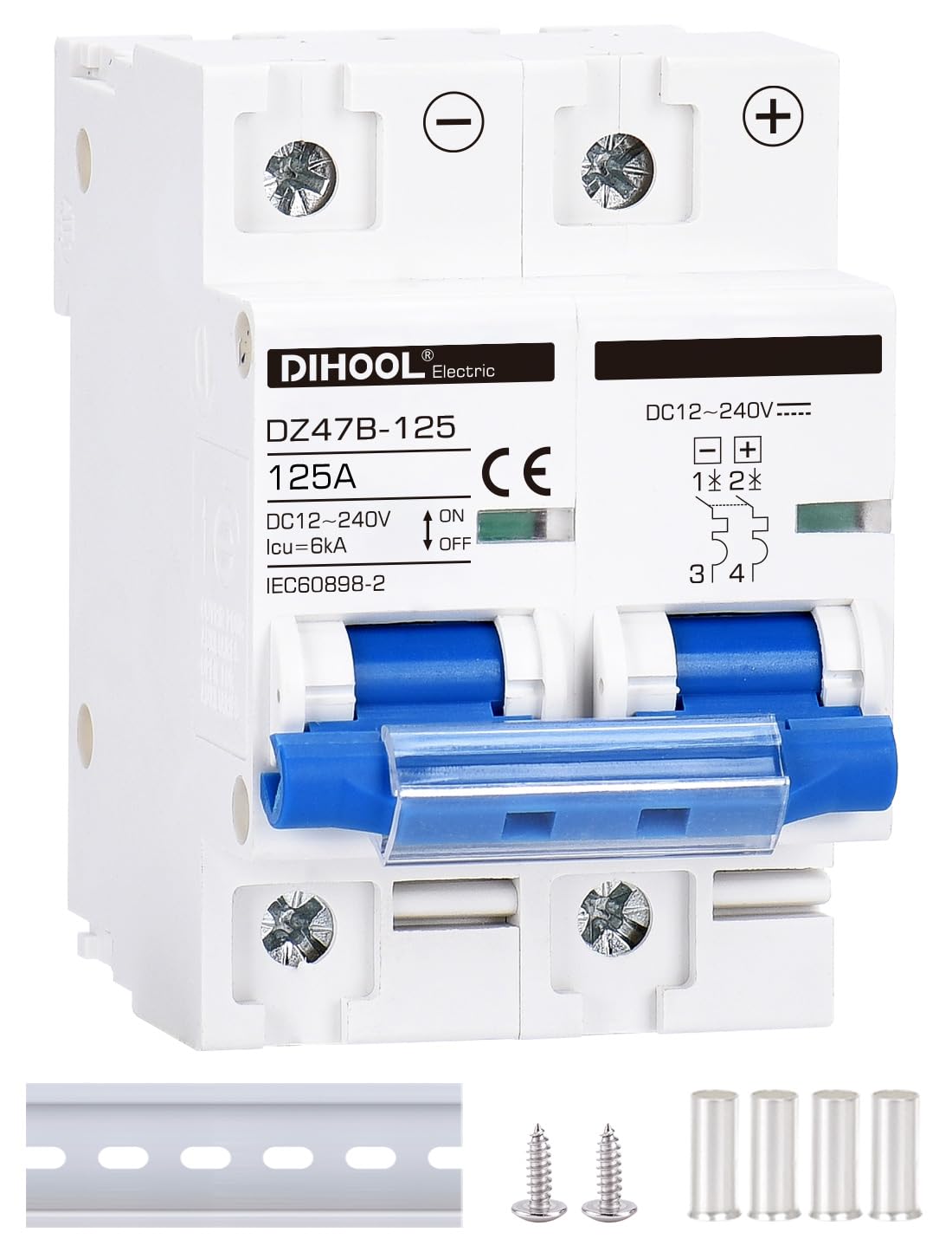 DIHOOL DC circuit breaker 125A 2-pole mounted on a DIN rail for solar protection