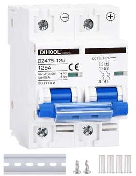 DIHOOL DC circuit breaker 125A 2-pole mounted on a DIN rail for solar protection