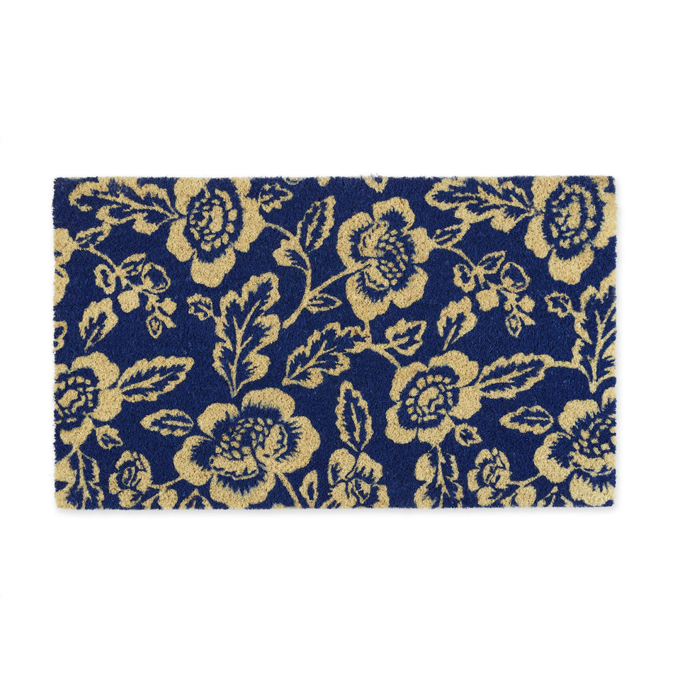 DII floral design coir doormat with blue peonies for high-traffic entryways.