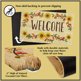 DII coir doormat with blue peonies protects floors in busy foyers.