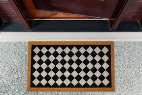 DII harlequin geometry on porch demonstrates stylish welcome.