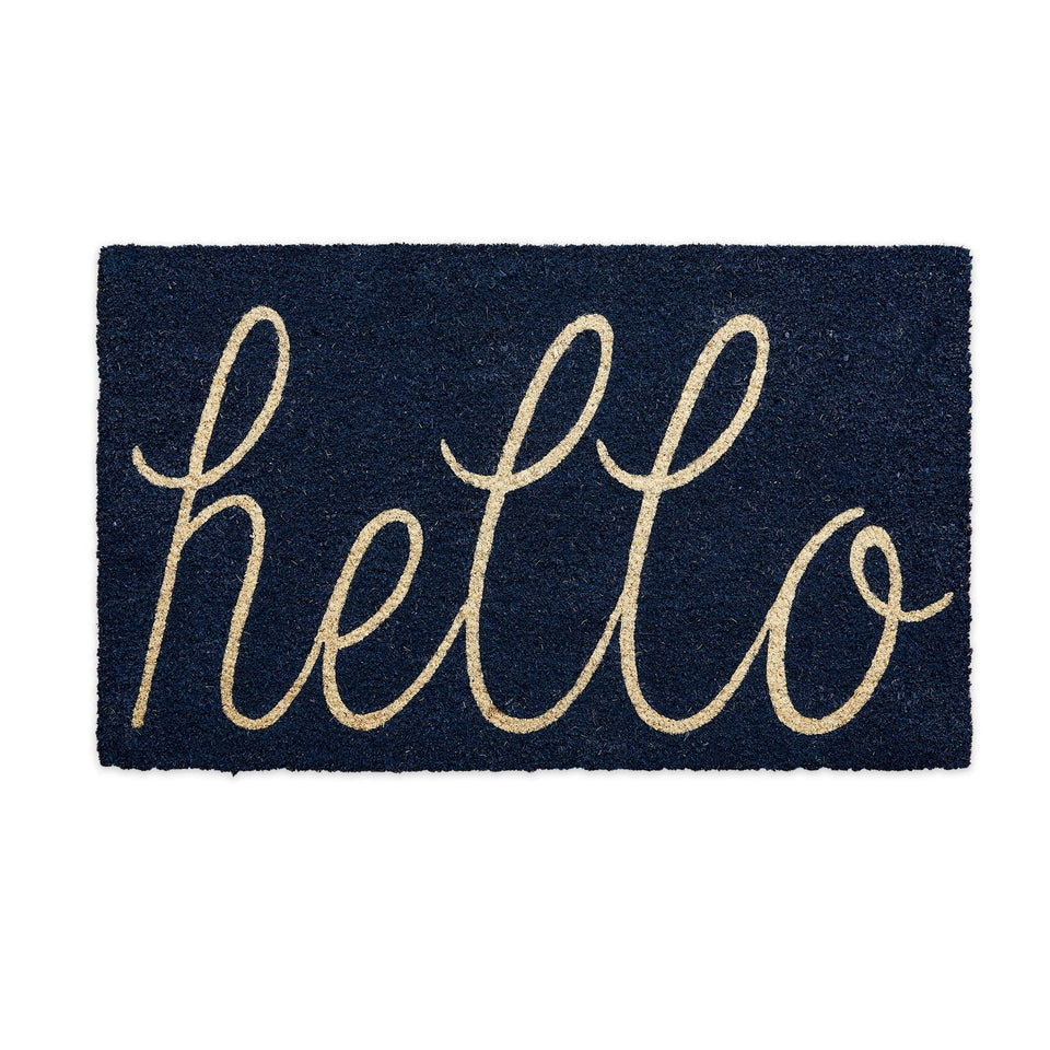 DII Hello Coir Doormat navy with anti-slip backing keeps entry safe.