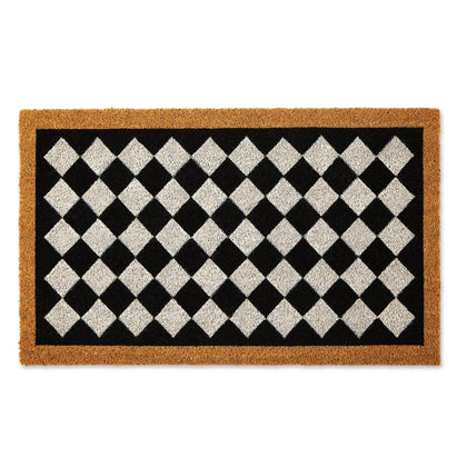 DII natural coir harlequin mat on door, durable clean-up surface.