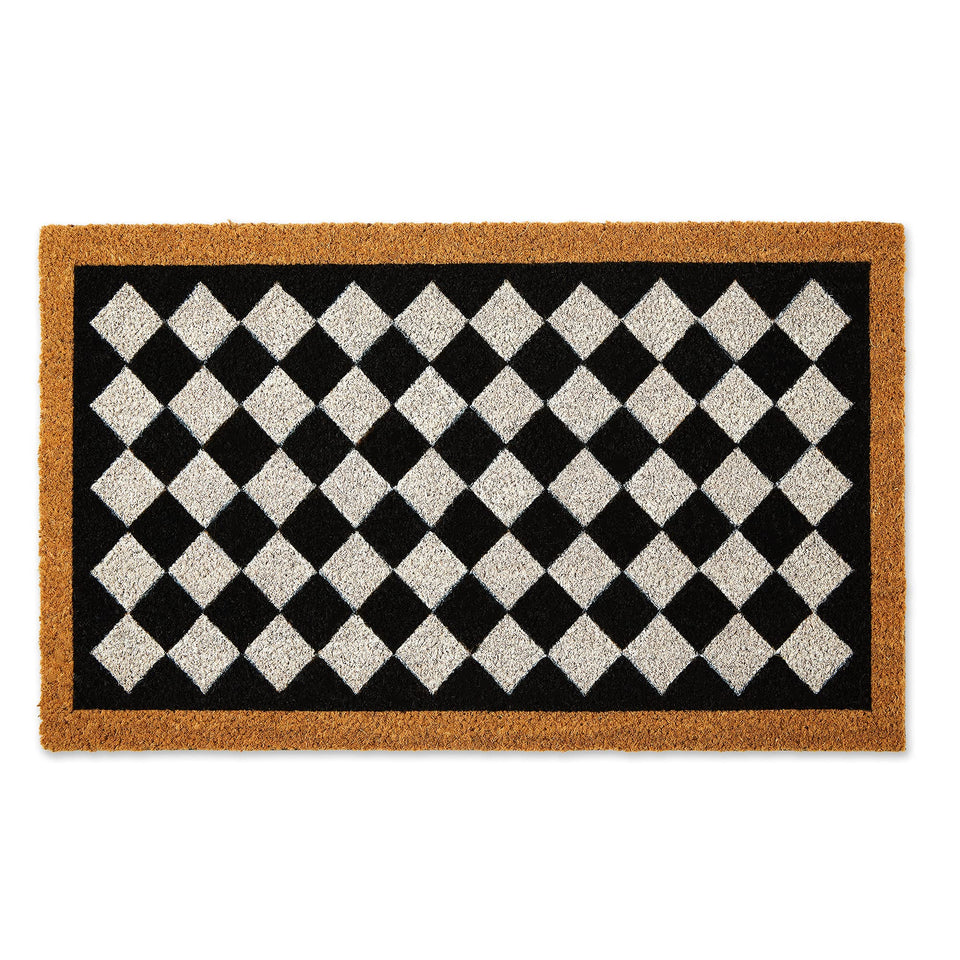 DII natural coir harlequin mat on door, durable clean-up surface.
