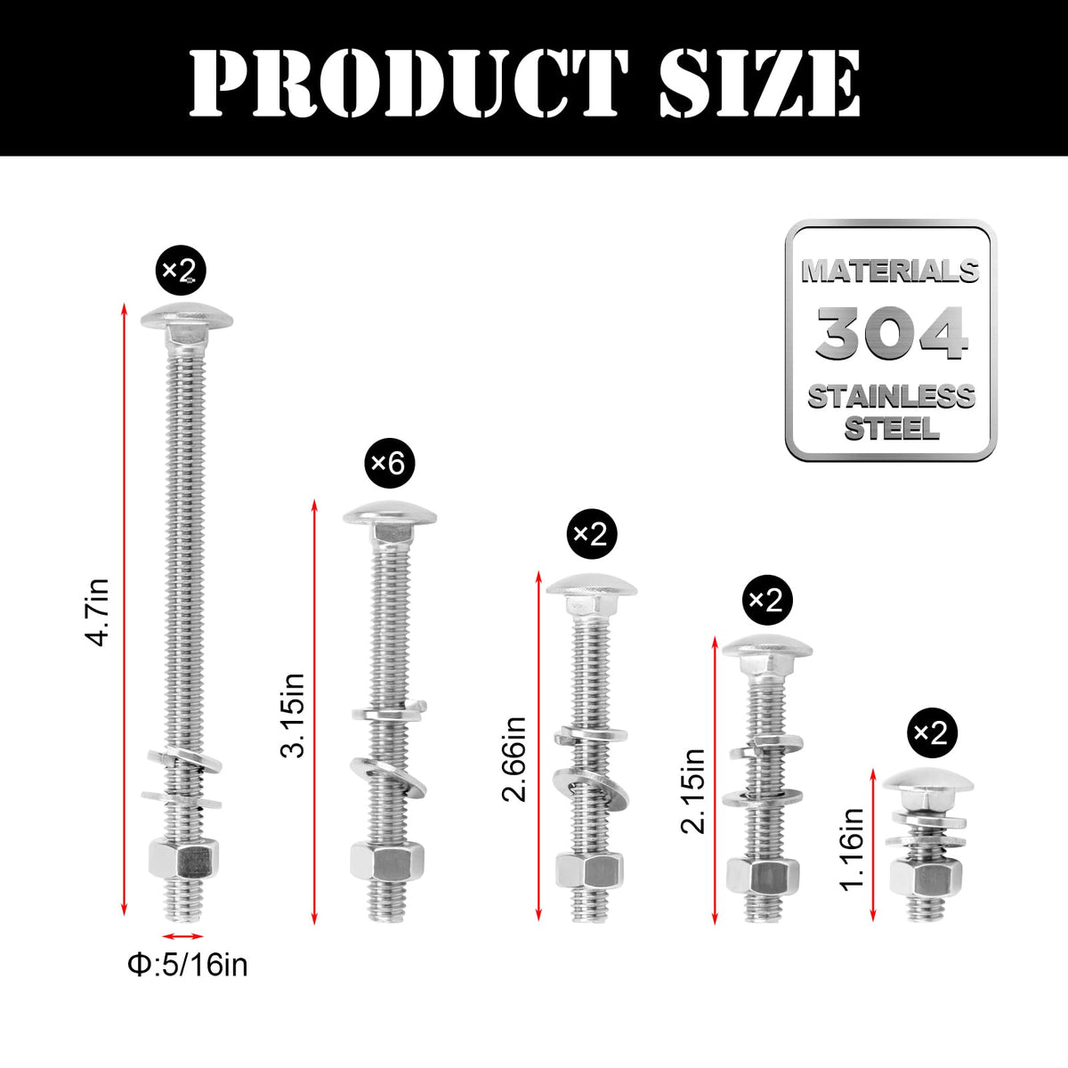 DIICCYO bolts in multiple lengths ready for wheelbarrow or furniture assembly.