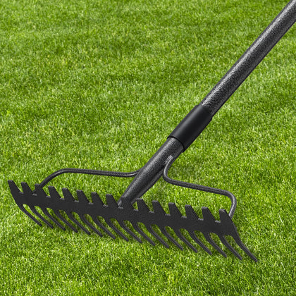 DIIG 77-inch bow rake assembly ready for setup in the garden