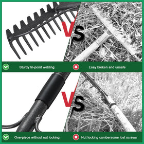 DIIG bow rake with 17 tines loosens soil efficiently in beds.