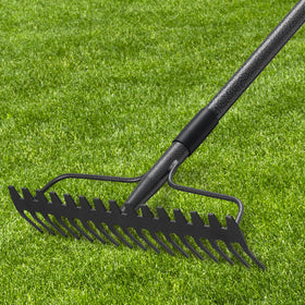 DIIG bow rake assembly shows sturdy joints for long-lasting garden work.