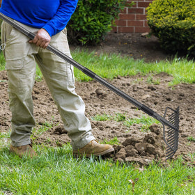 DIIG bow rake leveling soil with wide head coverage