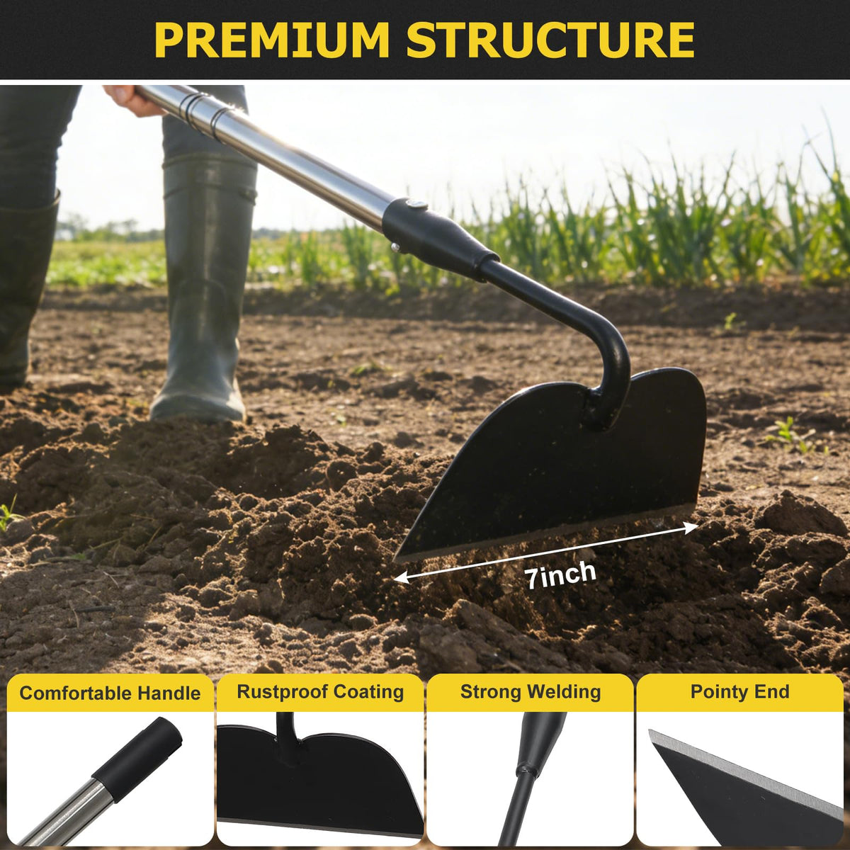 DIIG Draw Hoe 7-inch wide welded blade cuts through dense soil
