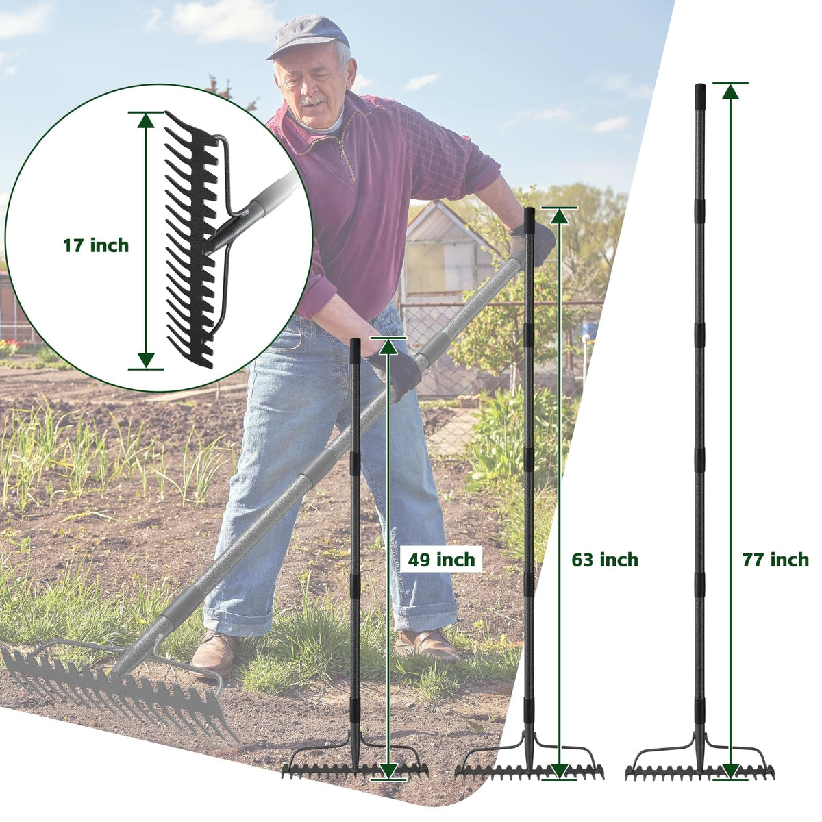 DIIG heavy-duty garden rake in action gathering debris