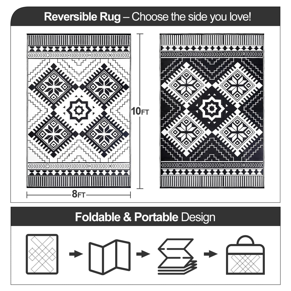 DiiKoo 8x10ft rug back pattern for dual design options on patios and camps