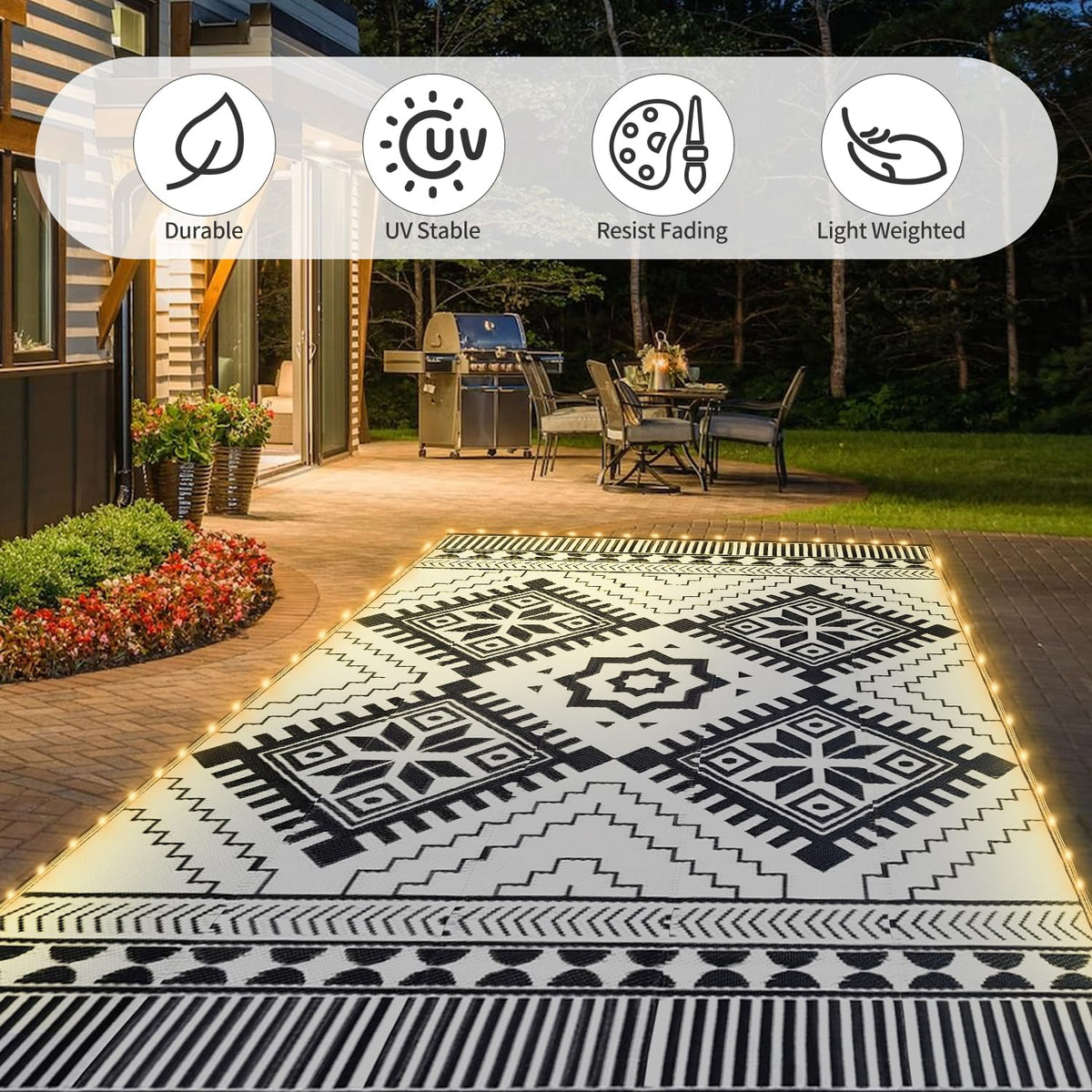 DiiKoo easy-clean outdoor rug repels dirt and spills