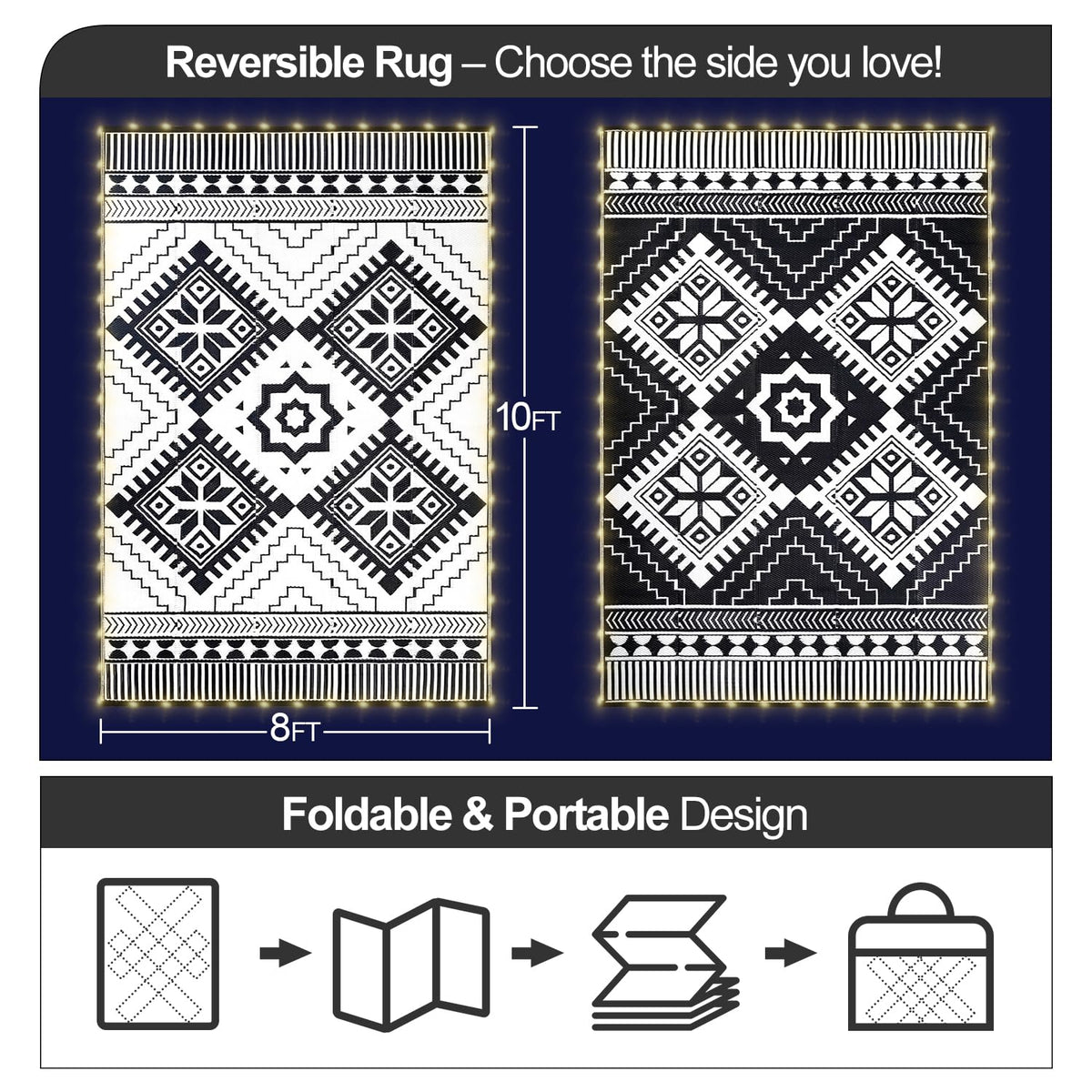 DiiKoo reversible outdoor rug shows two geometric patterns for versatile decor