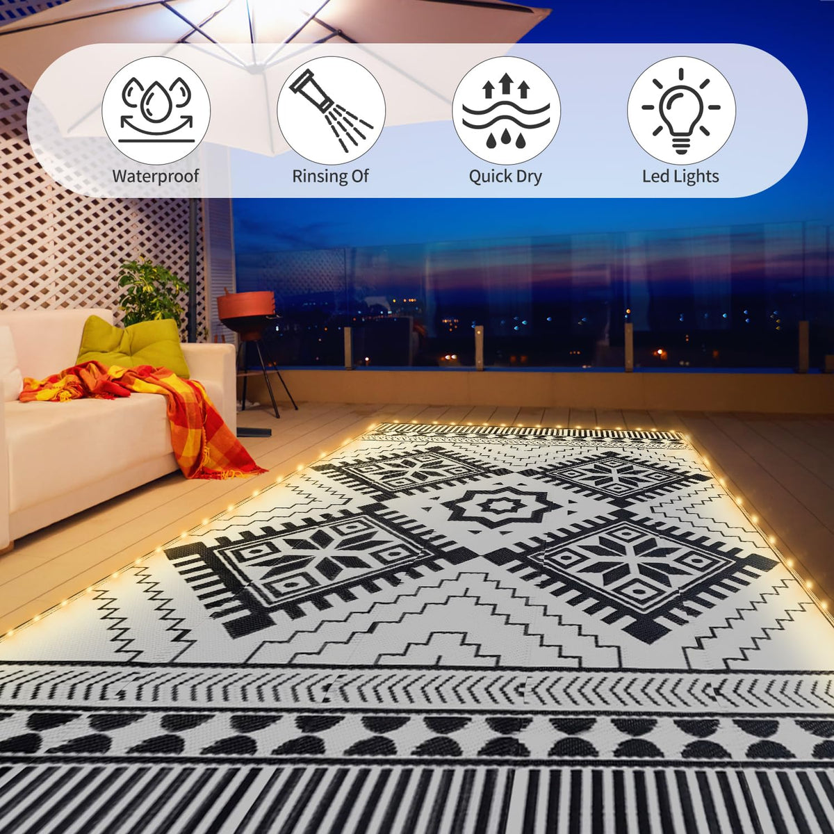 DiiKoo weatherproof rug resists fading and outdoor wear