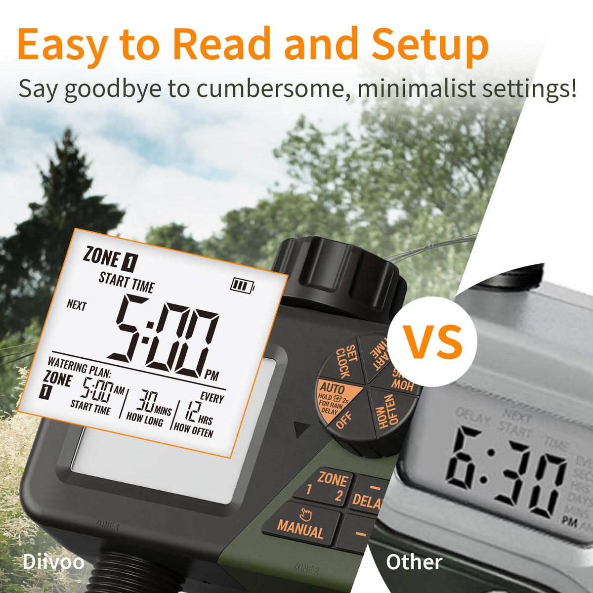 Diivoo Sprinkler Timer rain delay screen highlighting pause feature to save water.