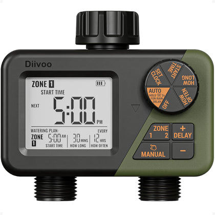 Diivoo Sprinkler Timer two-zone front panel with dual outlets for independent scheduling.