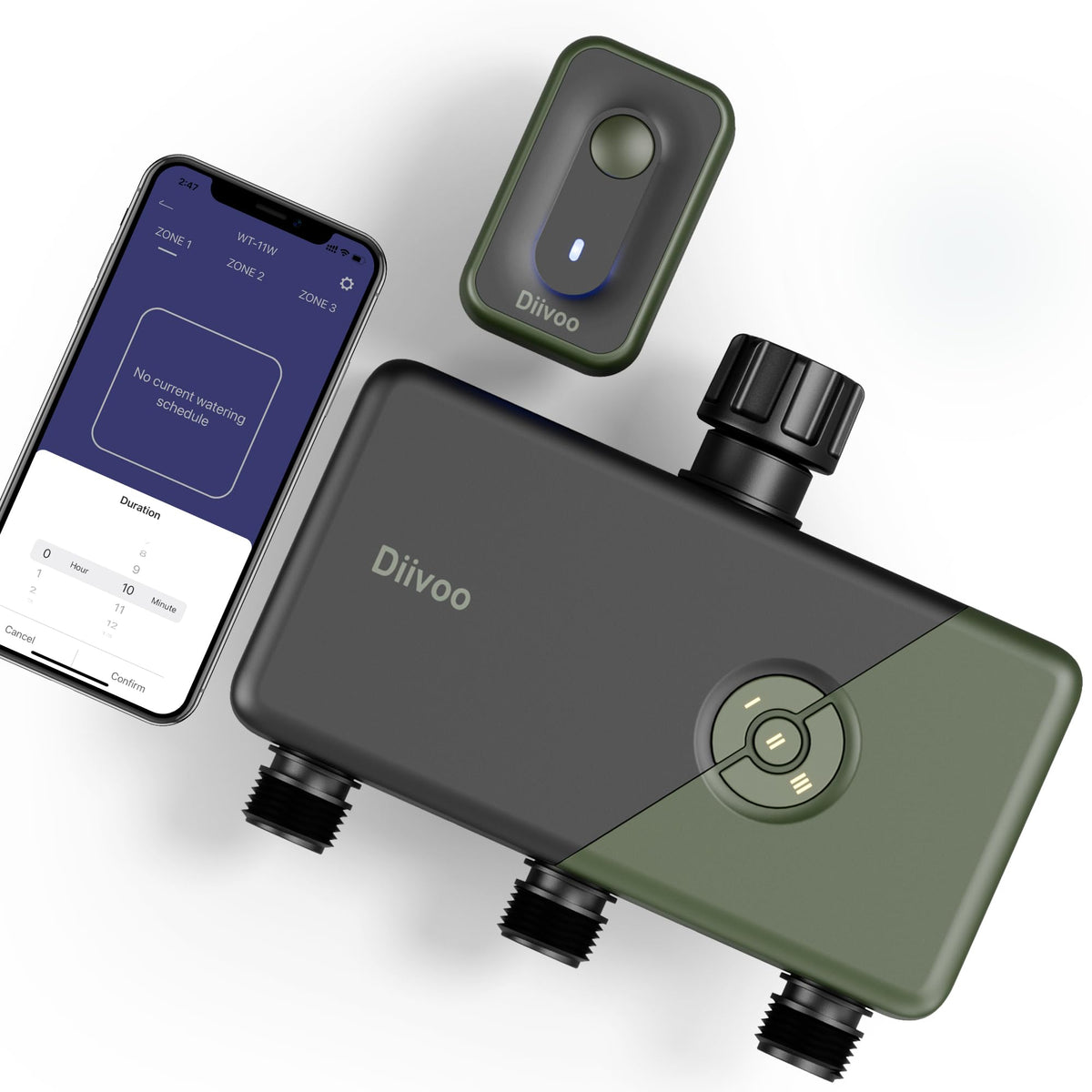Diivoo WiFi sprinkler timer 3-zone front view with clear control panel for precise irrigation.