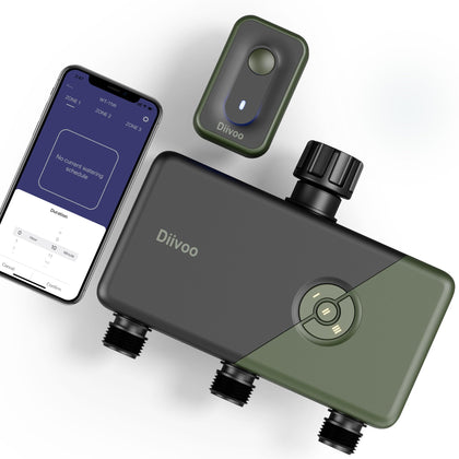 Diivoo WiFi sprinkler timer 3-zone front view with clear control panel for precise irrigation.