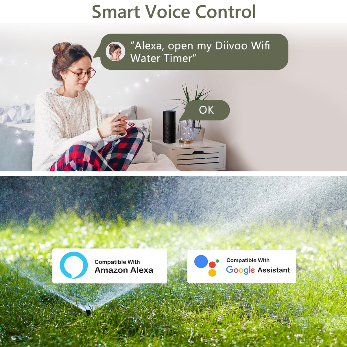 Diivoo timer with Alexa and Google compatibility for hands-free watering.