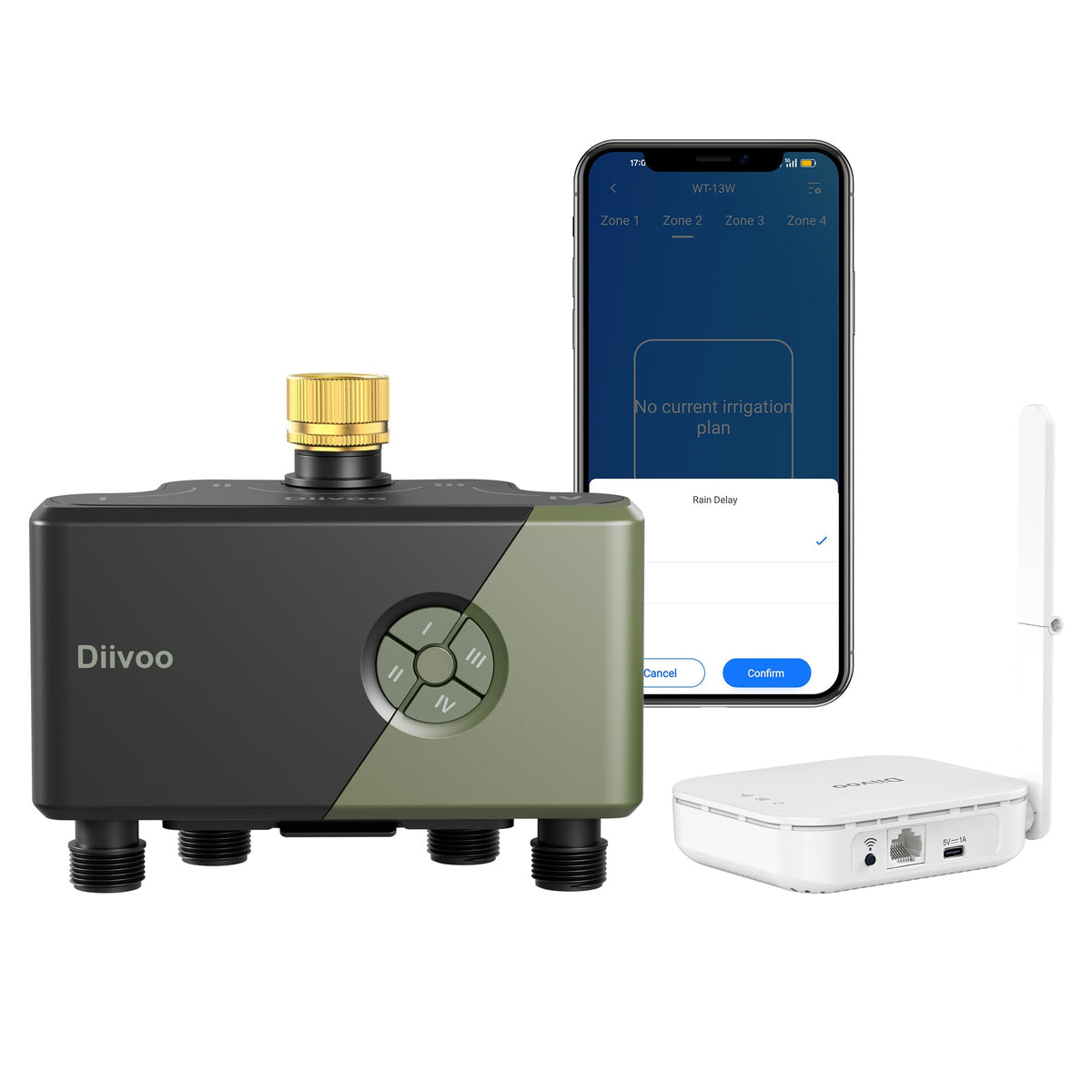 Diivoo WiFi water timer with brass inlet for durable outdoor use