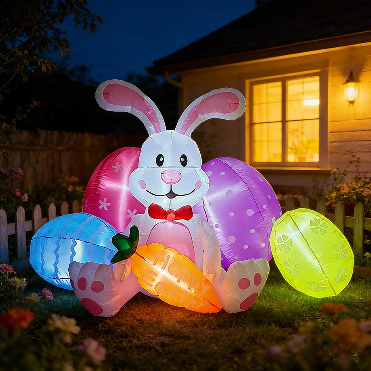 DILENK Easter inflatable ground stakes stabilize the display outdoors.