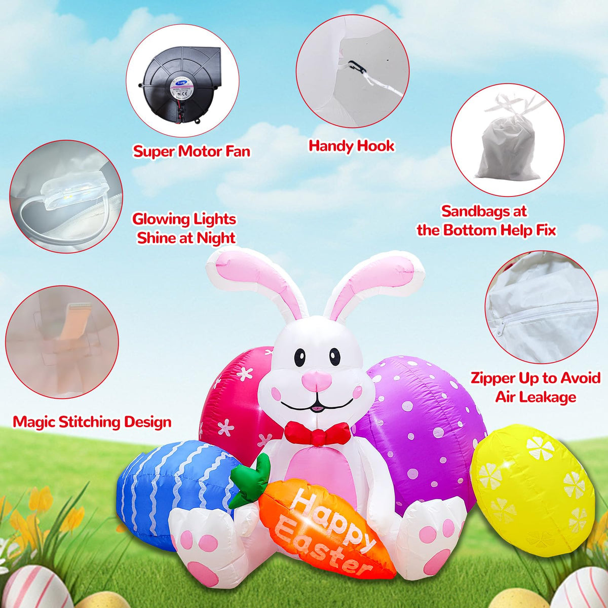 DILENK Easter inflatable LEDs illuminate scenes for night viewing.