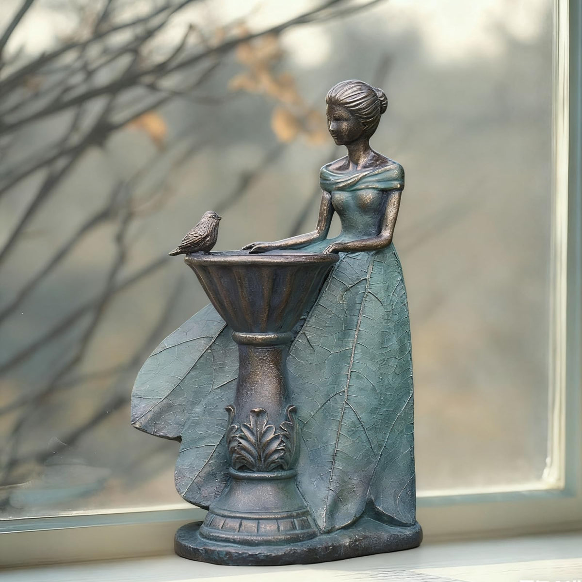 DiliComing fairy outdoor statue birdbath invites birds to your garden.
