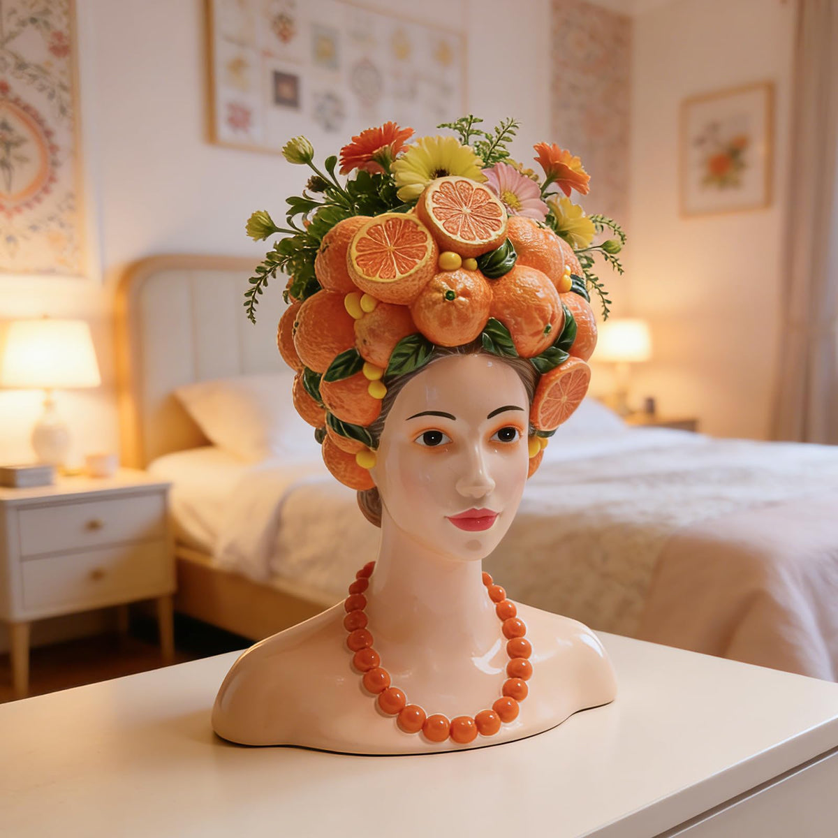 Head planter on windowsill with orange crown and greenery