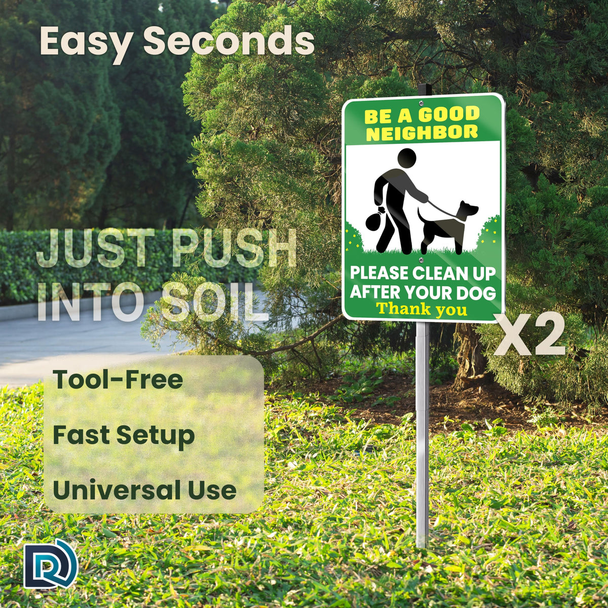 DIMARONGTON Complete install kit includes signs, stakes, screws, and hex key.