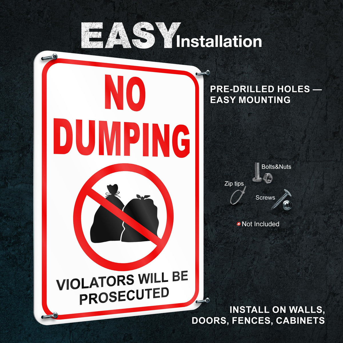 DIMARONGTON No Dumping Sign gate mounting setup for fence posts.