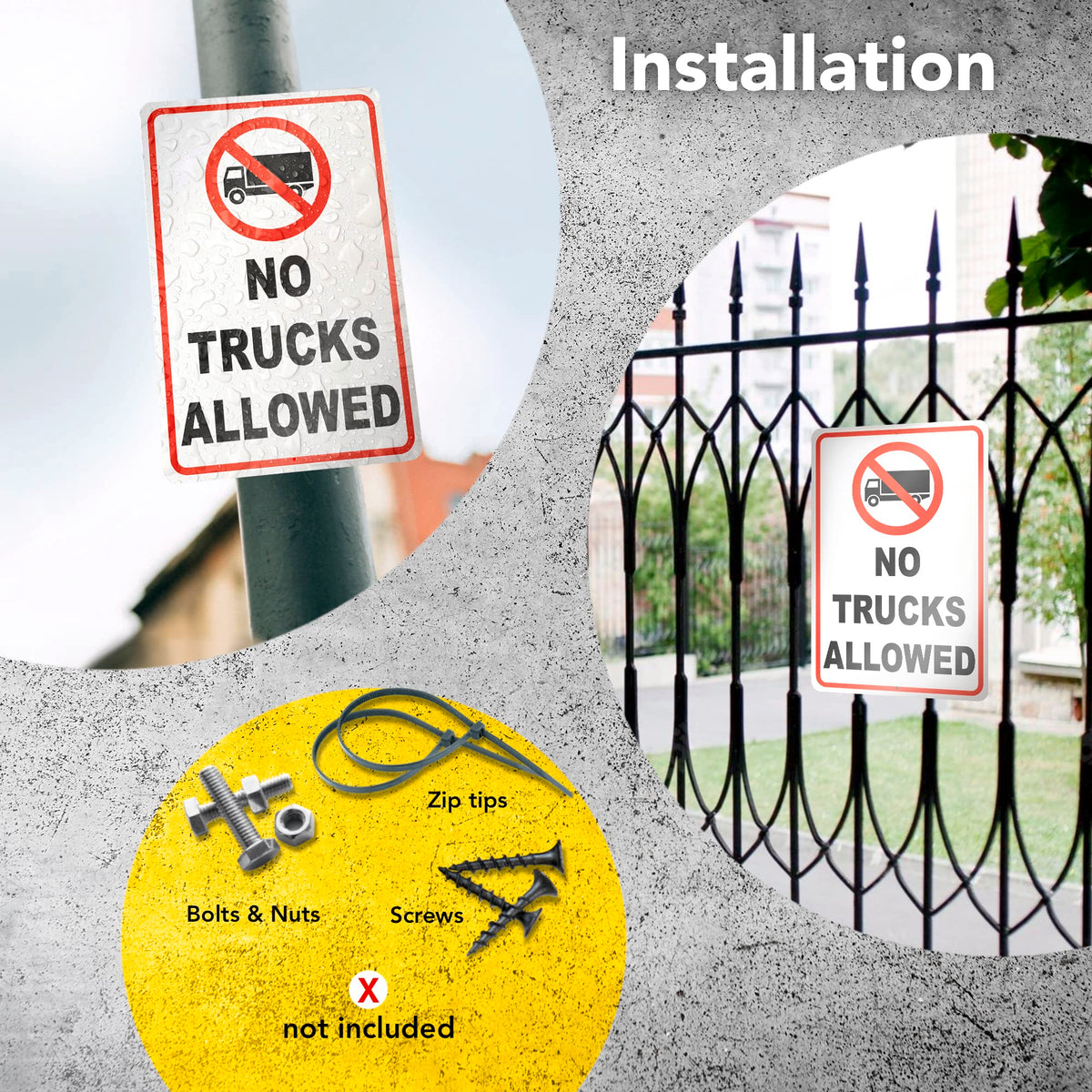 DIMARONGTON No Trucks Sign weatherproof aluminum stands up to rain, sun, and snow.