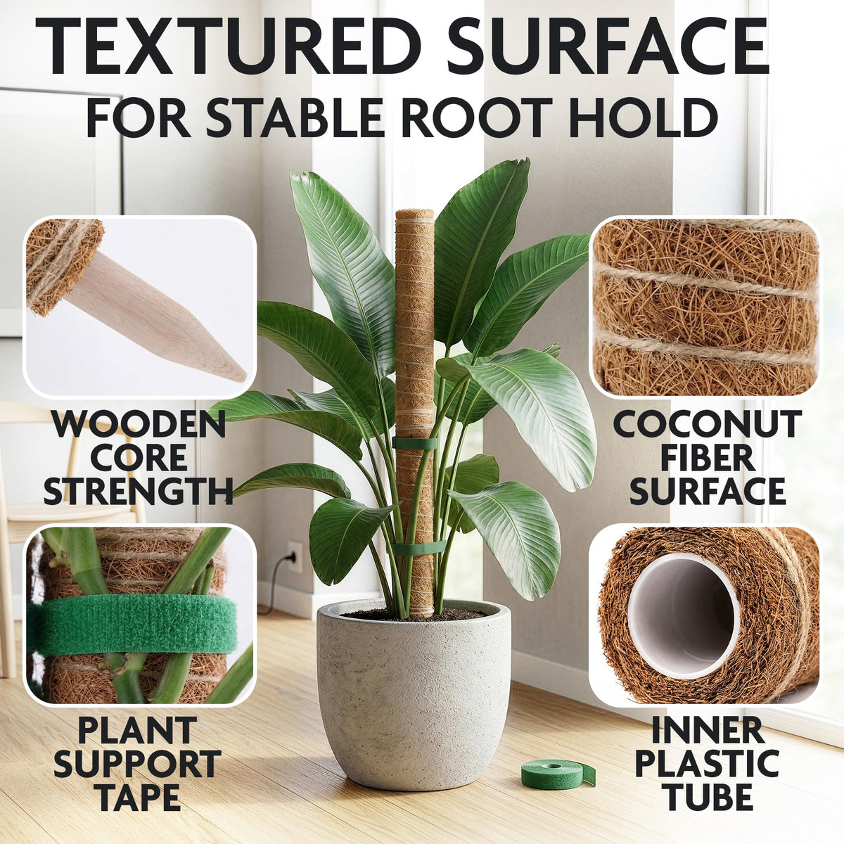 DIMROM coconut-fiber core moss pole offers moisture retention for roots.