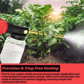 Dinftin copper nozzle provides durable, even application of powders.