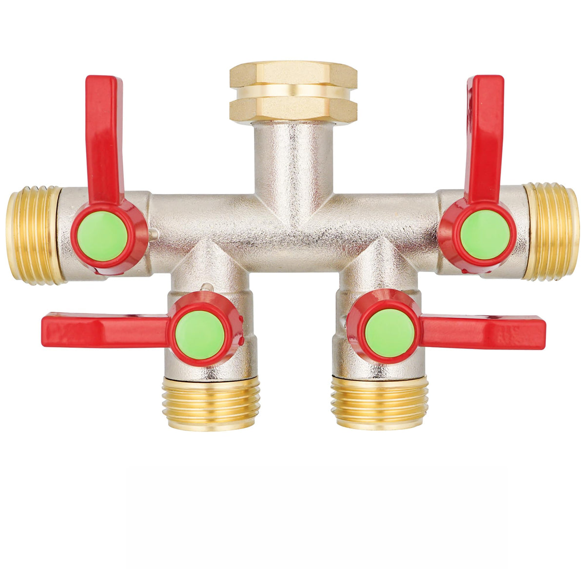 DINGBAI 4-way hose splitter with full-flow outlets for efficient watering.