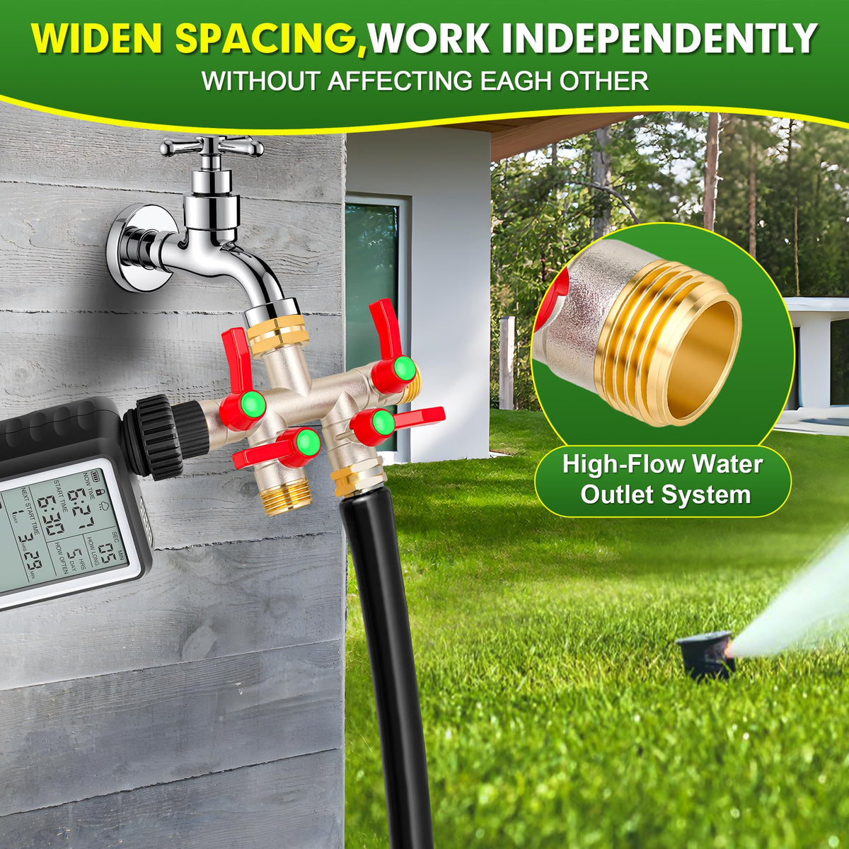DINGBAI enlarged outlets ensure high water flow across multiple hoses.