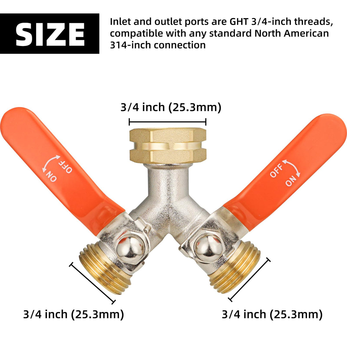 DINGBAI brass dual-outlet manifold shown on a garden faucet.